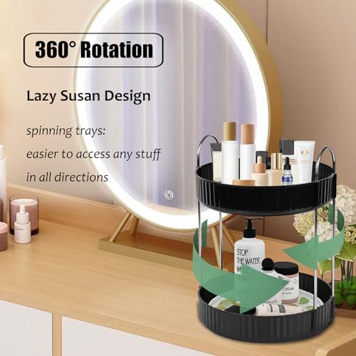Rotating Makeup Organizer Countertop 2 Tier Lazy Susan Trays Spinning Skincare Perfume Storage for Bathroom Counter Vanity, Black - color: Black, size: 2 Tier