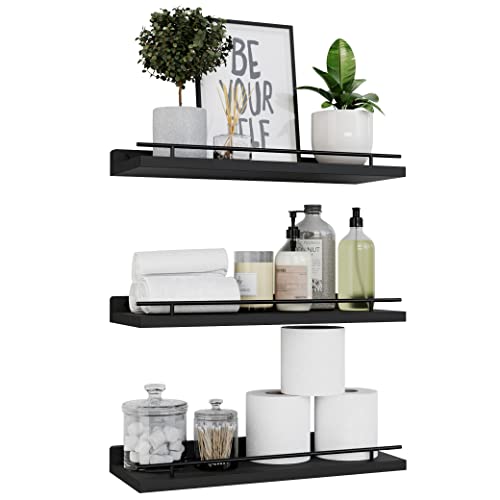 WOPITUES Floating Shelves with Black Metal Guardrail, Shelves for Wall Decor Set of 3, Wall Shelves for Bedroom, Bathroom, Kitchen, Living Room, Plants, Picture Frames, Art- Black - color: Black, size: 15.7 inch