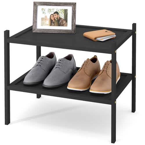Smiry Bamboo Small Shoe Rack, 2 Tier Shoe Organizer for Entryway & Closet, Stackable Free Standing Storage Shelf for Shoes, Bags & Plants, Black - color: Black, size: 2 Tier - Small