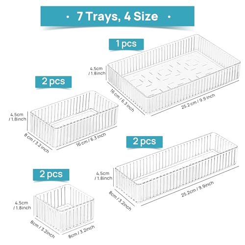 Vtopmart 7 PCS Clear Drawer Organizers Bins, 4-Size Stackable Makeup and Vanity Drawer Organizer Trays, Acrylic Bathroom Drawer Storage Containers for Cosmetic, Office Supply, Kitchen Utensils Gadgets