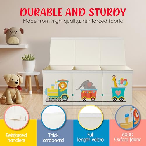 Extra Large Collapsible Sturdy Toy Storage Organizer with Lids, Animal Train Toy Box for Boys Girls, 40"x16"x16", Modern, Beige