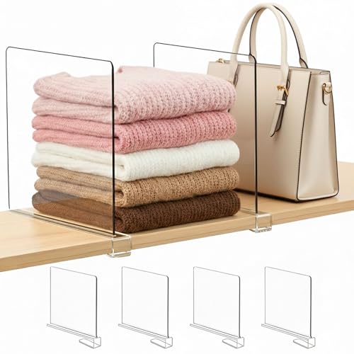 Purse Organizer for Closet Shelf Dividers: 11-inch Tall (Higher Version) Adjustable Clear Acrylic Bag Storage Organizer for Handbags, Sweaters, Towels, Jeans and Shoes on Wood Shelves 4-Pack - color: Clear:4-pack, size: Extra Tall: 11" Tall x 12" Deep