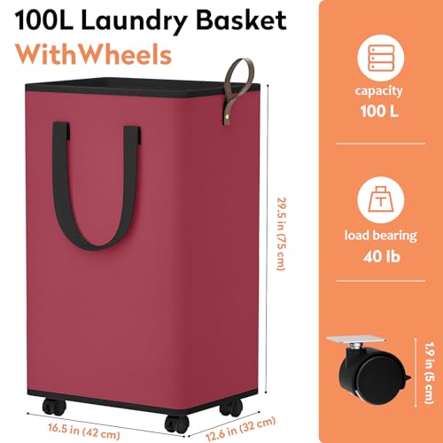 SpaceTrove Laundry Basket with Wheels, Collapsible Laundry Baskets, Laundry Hamper with Handles Detachable Wheels, Rolling Laundry Basket, Dirty Clothes Hamper for Bathroom, Dorm, Bedroom, Red, 100L - color: Red, size: 100L