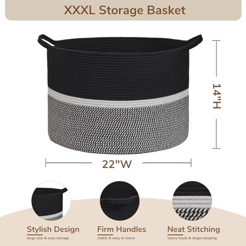 CHICVITA Extra Large Laundry Basket, Woven Rope Blanket Basket for Towels, Clothes, Toy Storage, Pillow Basket for Living Room, Family Room, 22 x 22 x 14 inches, Black - color: Black and Gray