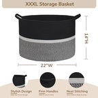 CHICVITA Extra Large Laundry Basket, Woven Rope Blanket Basket for Towels, Clothes, Toy Storage, Pillow Basket for Living Room, Family Room, 22 x 22 x 14 inches, Black - color: Black and Gray