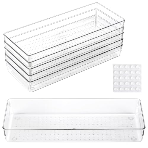 Ohlove 6 Pcs Large Clear Plastic Drawer Organizers Tray 15" x 6.3" Storage Bins with 25 Pcs Non-Slip Pads for Makeup, Jewelries, Kitchen Utensils, Bathroom and Office - size: 15"x6"