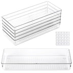Ohlove 6 Pcs Large Clear Plastic Drawer Organizers Tray 15" x 6.3" Storage Bins with 25 Pcs Non-Slip Pads for Makeup, Jewelries, Kitchen Utensils, Bathroom and Office - size: 15"x6"