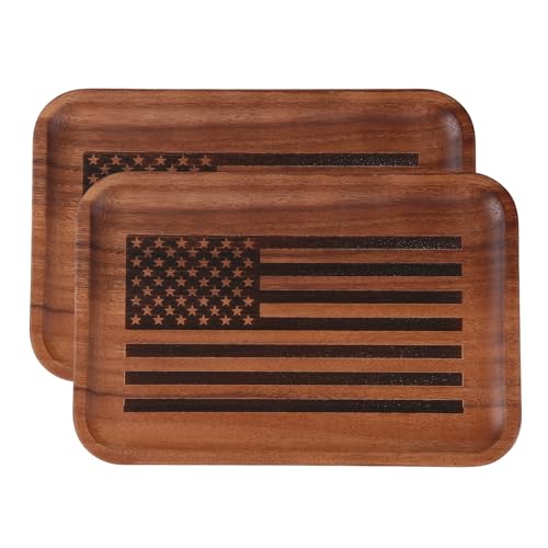 2PCS American Flag Serving Acacia Wood Valet Tray for Men Women Catch All Acacia Wooden Tray Gift, Mens Key Tray, Decorative Tray, Nightstand Tray Dump Tray EDC Tray for Phone Watch Wallet Jewelry - color: 2 Pcs
