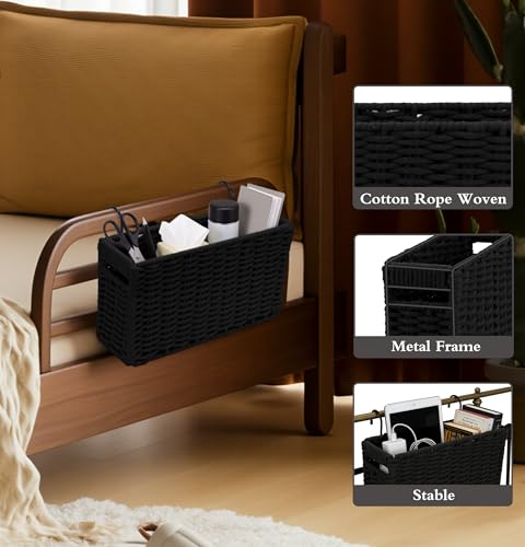 Cotton Rope Woven Bedside Caddy for Dorm Bed, Foldable Bedside Shelf Bunk Bed Accessories, College Dorm Room Essentials Hanging Organizers Storage Basket, Room Decor Magazine File Holder (Black) - color: Black