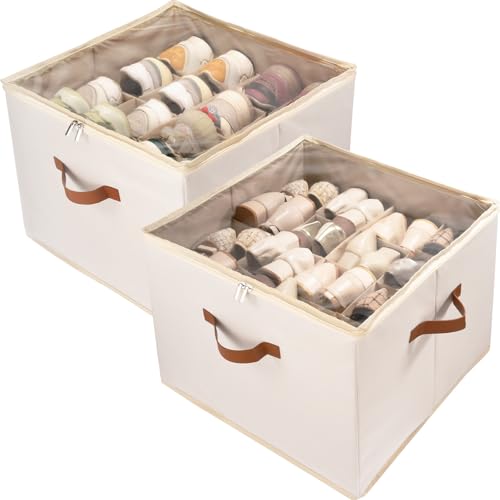 Shoe Organizer Box 2 Pack, Shoe Storage Organizer with Clear Cover, Adjustable Dividers Fits 16-32 Pairs, Fabric Shoe Organizer for Closet, Beige - color: 2 Pack -Beige