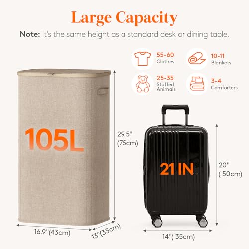 Lifewit 105L Large Laundry Basket with Lid, Laundry Hamper with Plastic Handles and Removable Bag, Foldable Tall Dirty Clothes Hampers for Laundry for Laundry Room, Bedroom, Bathroom, Dorm, Beige - color: Beige, size: 105L