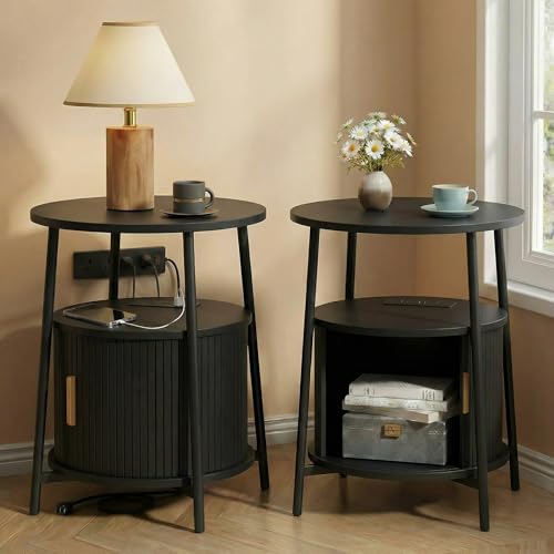 Round End Tables Set of 2: Fluted Side Table with Drawer & Charging Station, Mid-Century Modern Nightstand with Sliding Door for Small Space Storage, Living Room, Bedroom - color: Black, size: 2 PACK