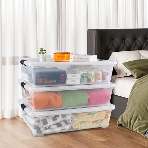 3-Pack 50 Quart Under the Bed Low Profile Storage Boxes, Large Under Bed Storage Bin with Easy Rolling Caster Wheels, Clear - size: 50 Quart
