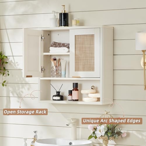 LEYAOYAO Rattan Bathroom Wall Cabinet, Boho Medicine Cabinet with Adjustable Shelve & Doors, Over The Toilet Storage Cabinets Organizer for Laundry Room, Kitchen, Living Room, White - color: White, size: 7.7"D×23.5"W×24"H