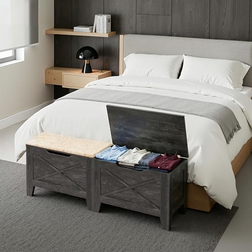 VECELO 30" Storage Bench, Entryway Shoe Ottoman, Farmhouse Style Bench with Handwoven Cushion and Metal Safety Hinges, for Bedroom, Living Room, Entryway, Gray - color: Grey, size: 30"W