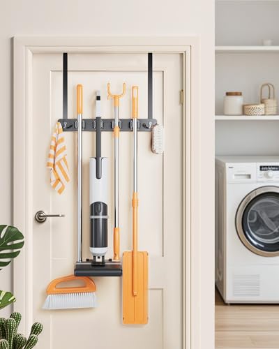 Mop and Broom Holder Wall Mount, No Drill Over the Door Broom and Mop Holder with 4 Slots and 4 Hooks, Wood Tool Hanger for Laundry, Cabinet, Kitchen, Garage - color: Black