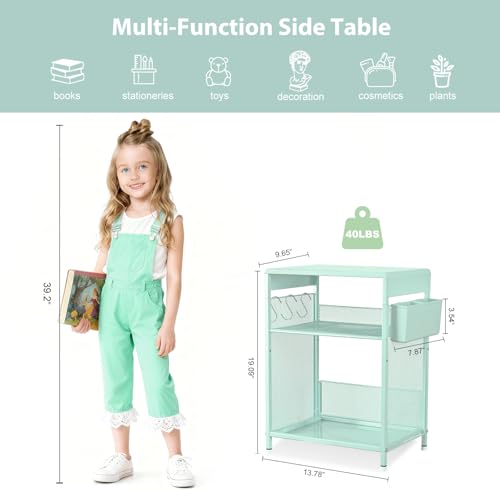 ECOLOVI Kids Nightstand 19in High for Floor Beds, 3-Tier Metal Small Bedside Table with Adjustable Storage Shelf, Basket & 3 S-Hooks, Low Nightstand for Nursery, Toddler Bedroom (Green) - color: Green