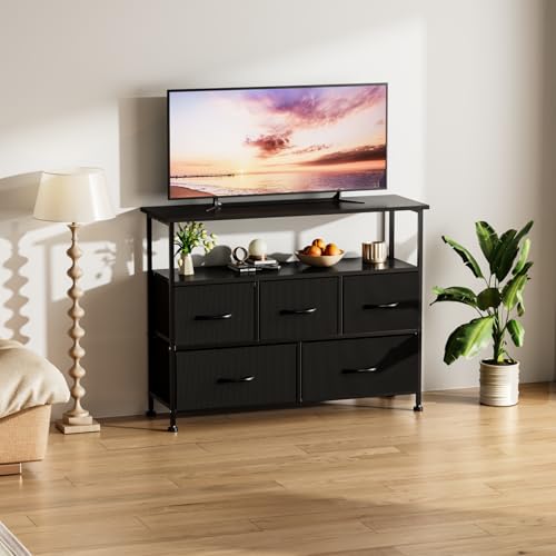 Simple Deluxe TV Stand Dresser for Bedroom Entertainment Center with 5 Fabric Drawers, Storage Organizers Units for Living Room, Media Console Table with Open Shelf up for 45" TV, Black, Wood top - color: Black, size: 39.3"D x 11.8"W x 31.8"H (5 Drawers)