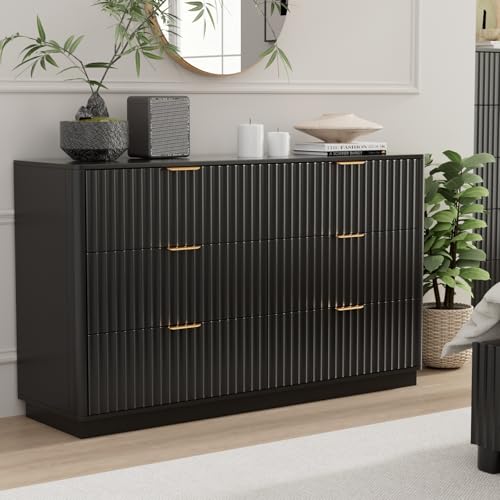 VOWNER Fluted 6 Drawers Dresser for Bedroom, 54" Wide Modern Chest of Drawers with Metal Handle, Closet Clothes Storage Organizer, Wood Dresser TV Stand for Living Room, Closet, Hallway, Entryway - color: Black