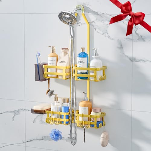 GAOKASE Aluminum Shower Caddy Hanging, Never Rust Shower Organizer- 4 Levels with adjustable Height 10 Hooks for Razor/Sponge - Rack with Soap Basket (Gold) - color: Gold
