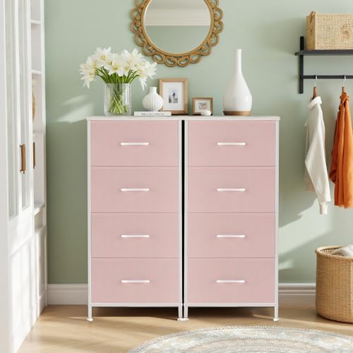 Nightstand, 4 Drawer Dresser End Table Bedside Furniture with Wooden Top Steel Frame Fabric Bins for Bedroom, Closet, Entryway, Dorm, Living Room, Pink - color: Pink, size: 11.8"D x 17.7"W x 37.4"H (4 Drawers)