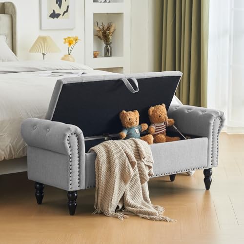 Furnimart Storage Ottoman Bench for Queen Size Bed, Faux Linen Upholstered Storage Bench Accent Bench with Rolled Arms for Bedroom,Living Room, Entryway, 2.5Cubic Feet - color: Faux Linen Light Grey