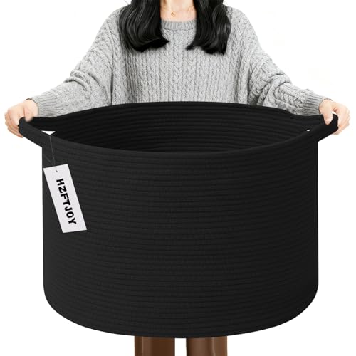 90L Extra Large Blanket Basket,Woven Rope Laundry Basket Hamper with Handles, Decorative Nursery Basket Storage Bin for Toys, Clothes Organizer, Living Room, Bedroom, Bathroom, Black - color: Black, size: 21.7"L x 21.7"W x 13.8"H（90L)