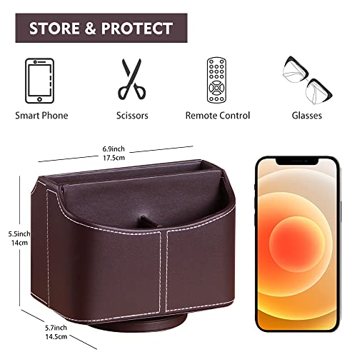 Fanousy 360° Rotating Remote Control Holder, PU Leather TV Remote Caddy Organizer Basket Storage Box with 5 Compartments for Pen, Pencil, Art Supplies, Makeup Brush, Office Desk Table Accessories - color: Brown