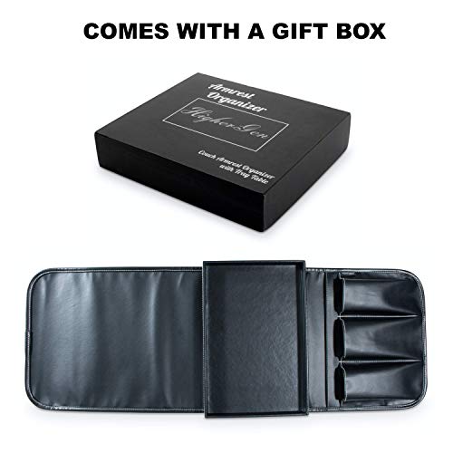 Non-Slip Couch Cup Holder Detachable Wooden Snack Tray PU Leather Armrest Cup Holder Couch Arm Tray for Recliner w/Large Pocket, 3 Small Pockets for TV Remotes, Phone, Glasses/Couch Console (Black) - color: Black