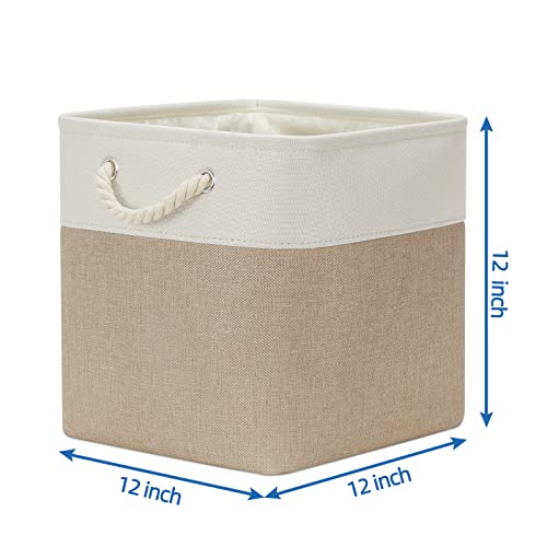 Temary 4 Pack Cube Storage Bins Cloth Baskets for Shelf, Fabric Storage Cubes 12 x 12 Baskets Gift Empty Basket with Handles, Basket for Storage (White&Khaki) - color: white&khaki, size: 12"L x 12"W x 12"H