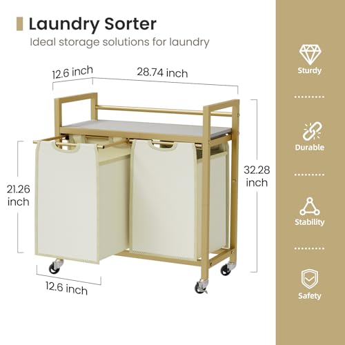 SwaaVee Laundry Hamper, Laundry Basket, Laundry Sorter with 3 Removable Bags, Clothes Basket with 3 Compartments, Wheels, Shelf for Laundry Room Bathroom Bedroom (2 Bags-Golden) - color: 2 Bags-Golden