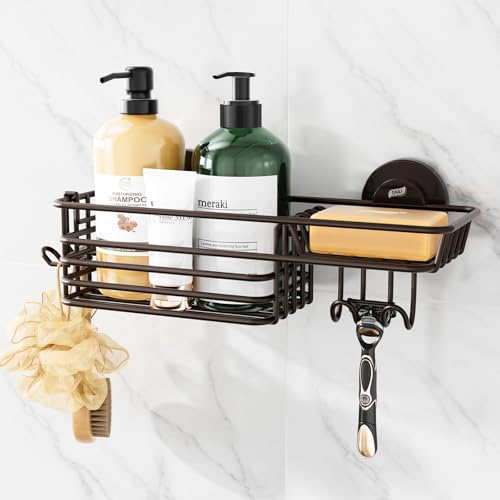 TAILI Shower Caddy Suction Cup with Hooks & Soap Holder, Heavy Duty Bathroom Shower Organizer, No Drilling Shelves for Inside Bathroom, Brown Metal Storage Holder - style: 1× Brown
