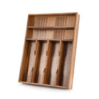 Acacia Wood Silverware Drawer Organizer, 12 Inch Adjustable Cutlery Tray for Kitchen Utensils, Silverware Flatware Storage Box with 5 Detachable Dividers (6-Compartment)