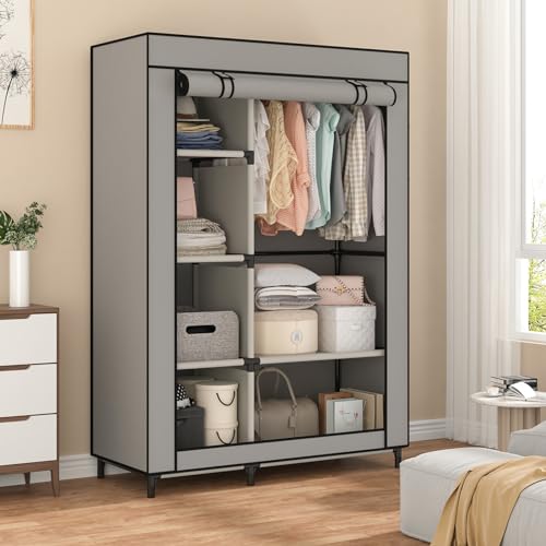 Calmootey Portable Closet Organizers, Clothing Storage, Wardrobe with 6 Shelves and Hanging Rod, Non-Woven Fabric Cover with 4 Side Pockets, Grey - color: Grey