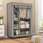 Calmootey Portable Closet Organizers, Clothing Storage, Wardrobe with 6 Shelves and Hanging Rod, Non-Woven Fabric Cover with 4 Side Pockets, Grey - color: Grey