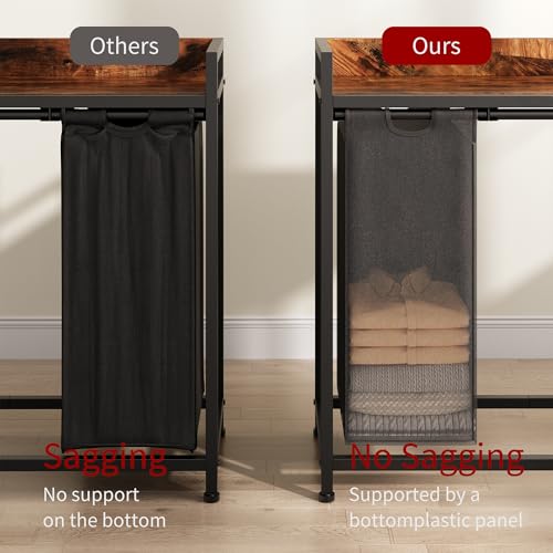 Herture Laundry Hamper with Shelf, Laundry Basket 3 Section, Laundry Sorter with Pull-Out Removable Large Bags and Movable Wheels, Metal Frame, 3 x 15.87 Gallons (60L), Rustic Brown + Black PF04XLY - color: Rustic Brown + Black, size: 3 Bags-180 L
