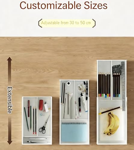 Yingze Supply Expandable Kitchen Drawer Organizer, Telescoping Cutlery Tray, White Adjustable Storage Box with Multiple Compartments for Utensils, Silverware, and Kitchen Tools
