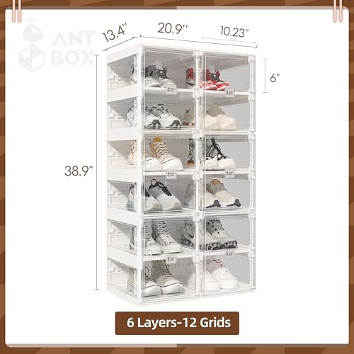 ANTBOX Foldable Shoe Rack,Shoe Organizers for Closet Plastic Shoe Storage Box Space Saving for Entryway, Large Sturdy Stackable Sneaker Cabinet Bins with Magnetic Clear Door 6 Tiers 12 Pairs - color: Clear, size: 6 Tiers 12 Pairs