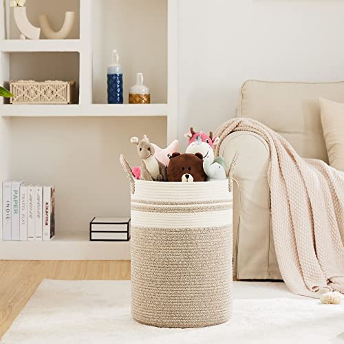 72L Large Woven Laundry Hamper by Fiona's magic, Tall Cotton Rope Storage Basket, Jute Baby Nursery Hamper for Blankets, Toys and Clothes in Bedroom and Living Room Organizing, Brown & White - color: Brown & White, size: Large(72L)