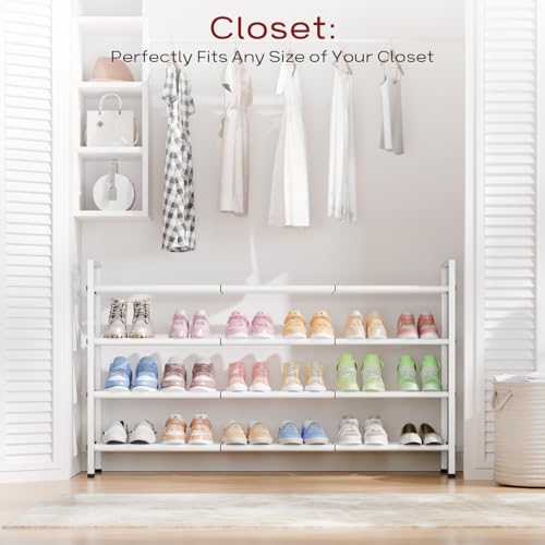 Bumusty 4-Tier Long Expandable Shoe Rack for Closet, 18"-44" Adjustable Shoe Rack for Entryway, 20-24 Pairs Large Shoe Organizer Shelf Storage, Sturdy Metal, White - color: White, size: 4-Tier