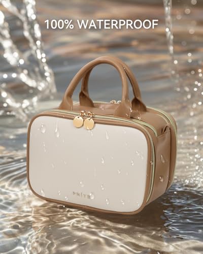 Prite Makeup Bag for Women, Large Capacity Waterproof Travel Cosmetic Organizer, Portable Open Flat Toiletry Bag with Free-standing Brush Holder and Handle(Beige Brown Medium) - color: Beige-Brown, size: Medium