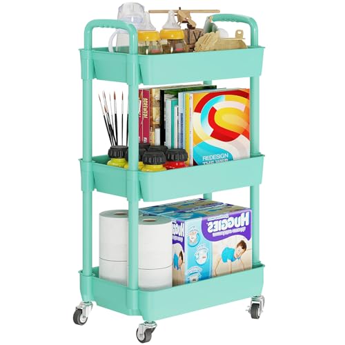 Laiensia 3-Tier Rolling Cart with Wheels,Multifunction Utility Storage Carts, Kitchen Storage Organizer,Mobile Shelving Unit for Bathroom,Laundry,with Classified Stickers,Green - color: Green, size: 3-Tier