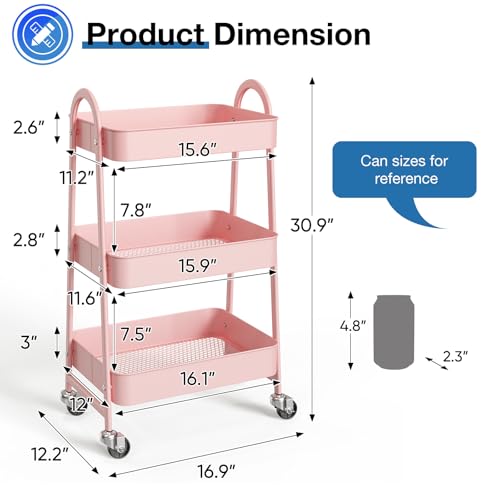 OLIXIS Metal 3 Tiers Utility Rolling Cart, Mobile Storage Shelf with Lockable Caster Wheels, Organization for Livingroom, Bathroom & Narrow Places, Pink - color: 3-tiered Pink, size: 3-Tiered 17 inches