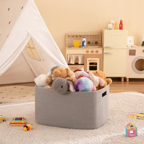 OIAHOMY XXLarge Rectangle Blanket Basket-96L, Cotton Woven Basket for Storage, Dirty Clothes Basket for Living Room, Nursery, Bedroom, Toy Organizing with Handle, 24" x 16" x 15", Grey - color: Grey, size: 24”x16”x15”