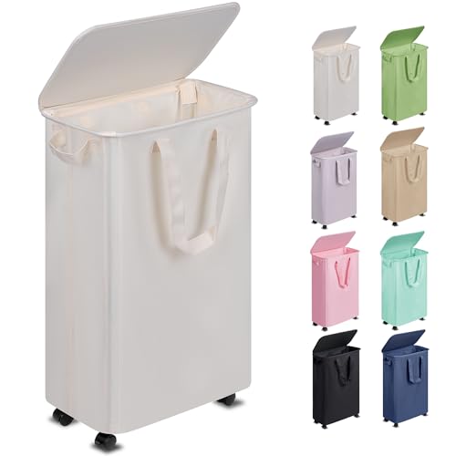Vincona Slim Laundry Hamper with Lid and Wheels, Small Rolling Laundry Basket with Handle for Small Spaces, Tall Dirty Clothes Hampers for Dorm, Bathroom and Bedroom, 55L, Beige - color: Beige, size: 55L