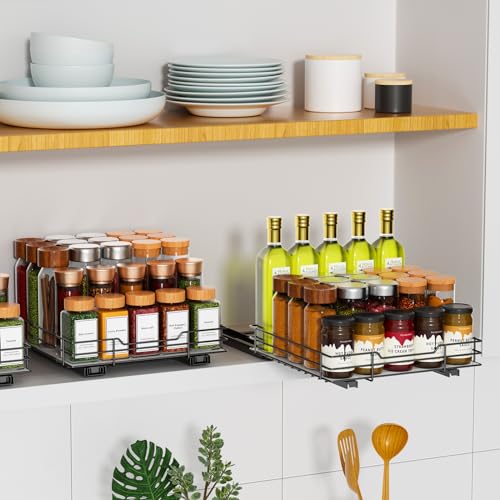 RCHYFEED Pull Out Spice Rack Organizer for Cabinet,Slide out Spice Organization for Inside Cabinets,Heavy Duty Seasoning Organizer Fits Kitchen and Pantry,Sauces,Canned (10.5''Wx10.5''Dx2.5''H) - size: 1 Tier-10.5''Wx10.5''Dx2.5''H