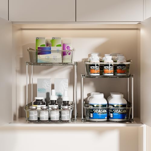 Delamu 2-Tier Under Sink Organizers and Storage, Multi-Purpose Stackable Bathroom Cabinet organizers, Pull Out Kitchen Pantry Organization and Storage with Dividers(2 Pack, Grey) - color: Grey, size: 2 Pack