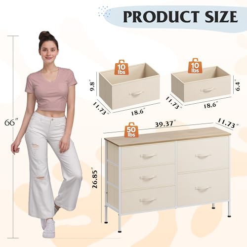 WLIVE Dresser for Bedroom with 5 Drawers, Wide Chest of Drawers for Bedroom, Fabric Dresser for Living Room, Closet, Hallway, Cream White - color: Cream White