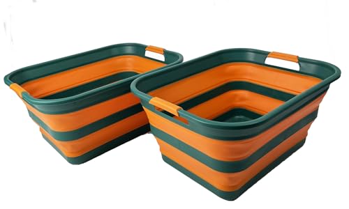 SAMMART Collapsible Plastic Laundry Basket with Handle/Foldable Pop Up Storage Hamper/Portable Laundry Organizer-Space Saving Washing Tub/Household Storage (Teal Green/Autumn leaf, 42L (Set of 2)) - color: Teal Green/Autumn leaf, size: 42L (Set of 2)