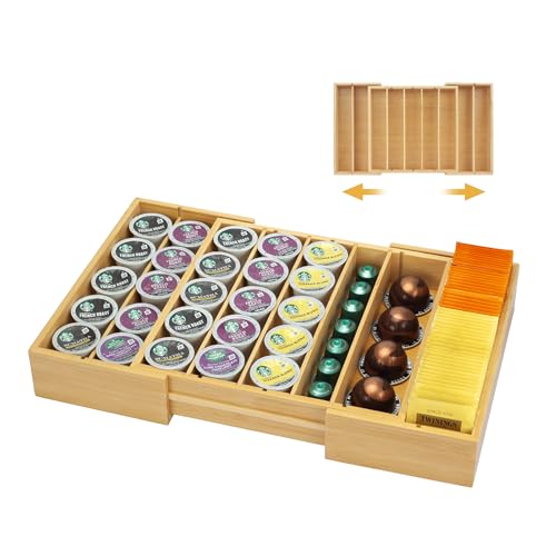 MinBoo Bamboo K Cup Holder for Drawer or Countertop Coffee Pod Holder Expandable K Cup Pod Storage Tea bag organizer K Cup Storage for Coffee Station Home Office and Kitchen - color: Natural